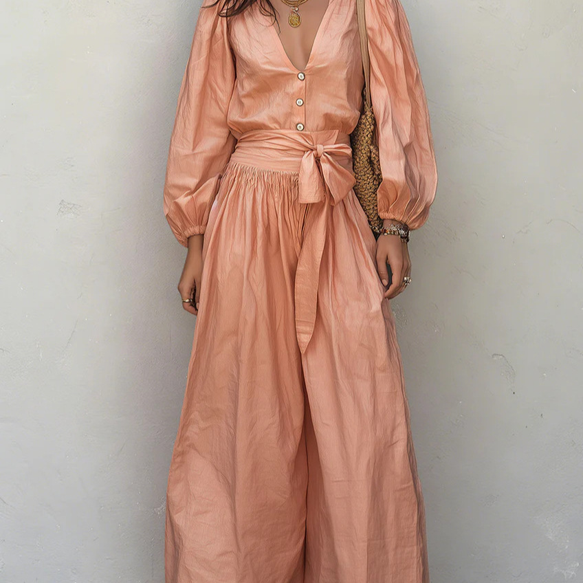 V-Neck Long-Sleeve Tie-Waist Pleated Pants Set