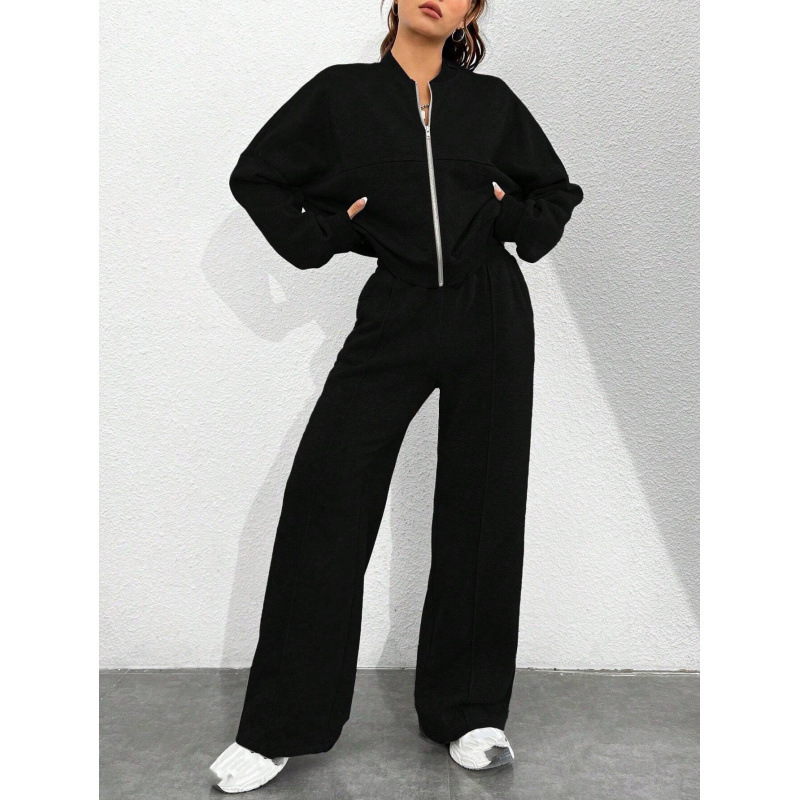 Women's Solid Color Zip-Up Long Sleeve Top and Drawstring Pants Set