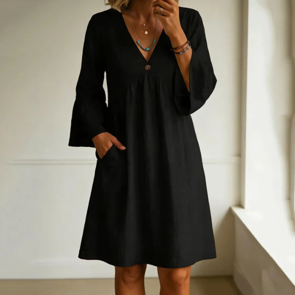 Women's Solid V-Neck Bell Sleeve Loose Vintage Dress