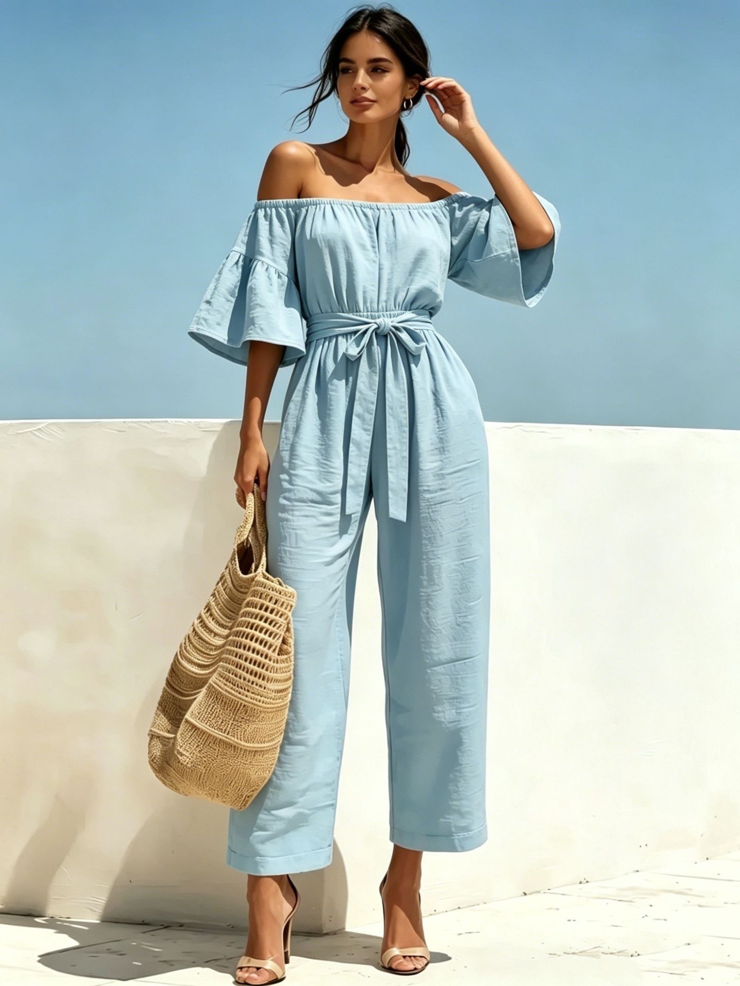 Women's Off-Shoulder Ruffle Wide-Leg Jumpsuit with Tie Belt