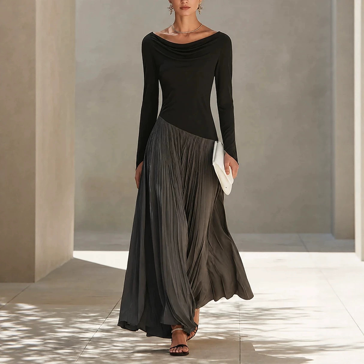 Color-Block Draped Neck Long-Sleeve Maxi Dress with Pleated Flared Skirt