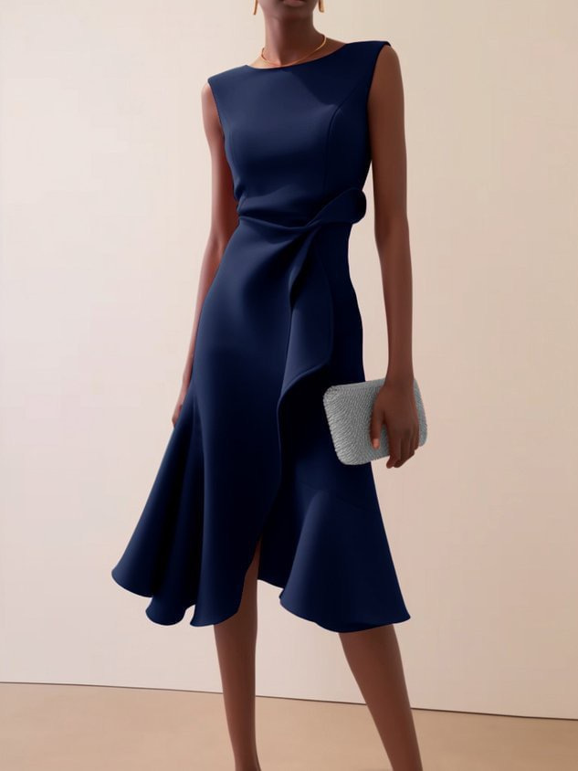 Sleeveless Red A-Line Midi Dress with Ruched Detail