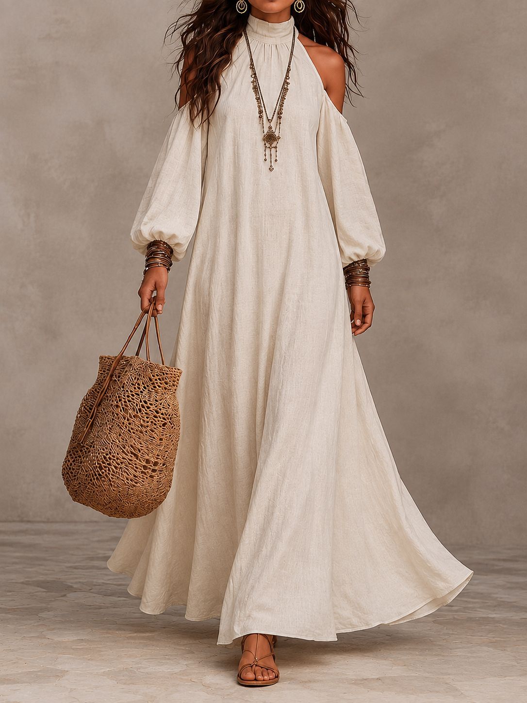 Women's Off-Shoulder Halter Neck Lantern Sleeve A-Line Maxi Dress