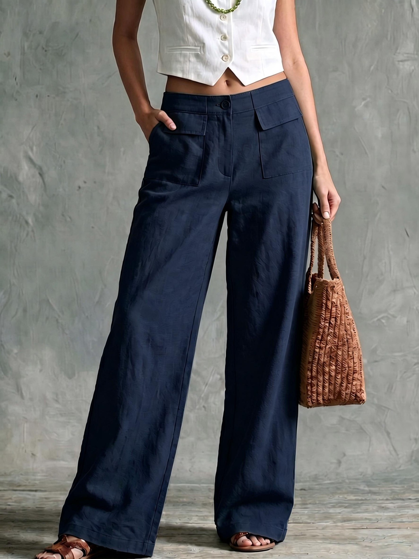 Women's Solid Cotton-Blend Wide-Leg Pants High Waist Loose Casual