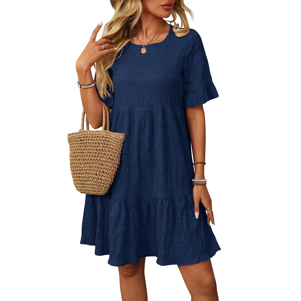 Women's Plaid A-Line Dress with Ruffle Sleeves and Round Neck