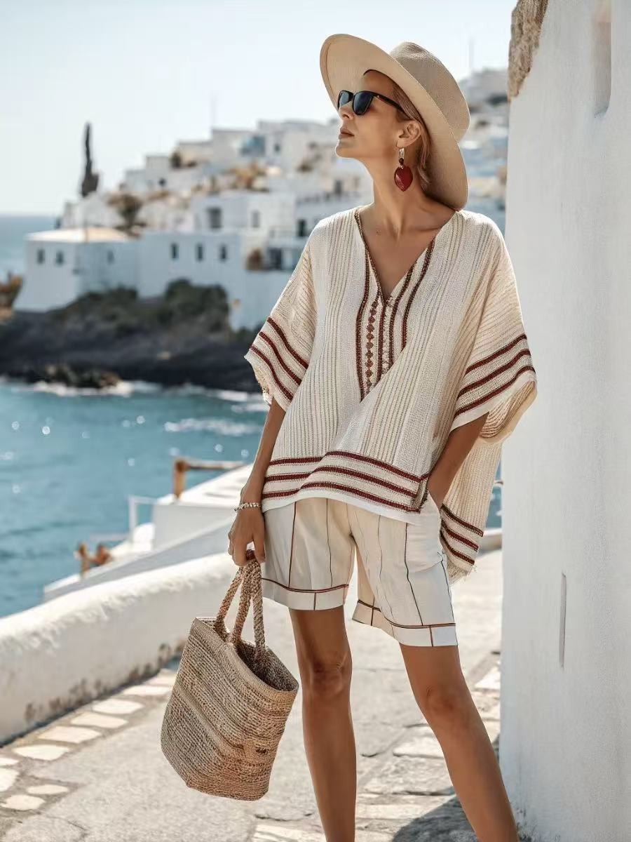 V-Neck Striped Two-Piece Casual Set Women's Loose Fit