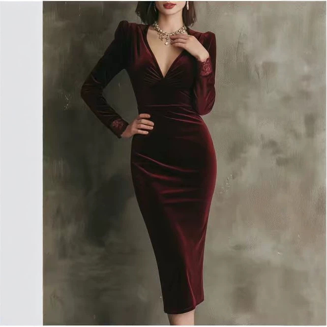 Velvet V-Neck Long Sleeve Bodycon Midi Dress
