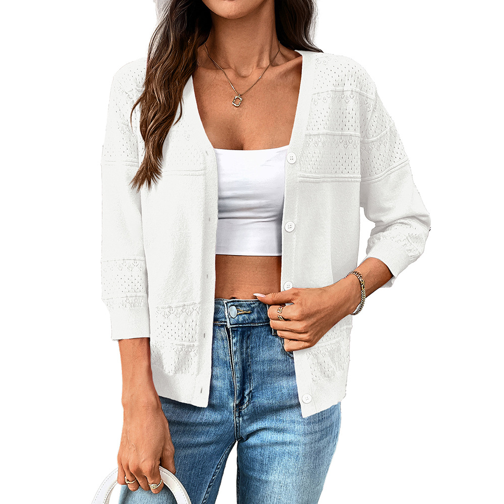 Women's Lightweight Openwork Knit V-Neck Cardigan with Three-Quarter Sleeves