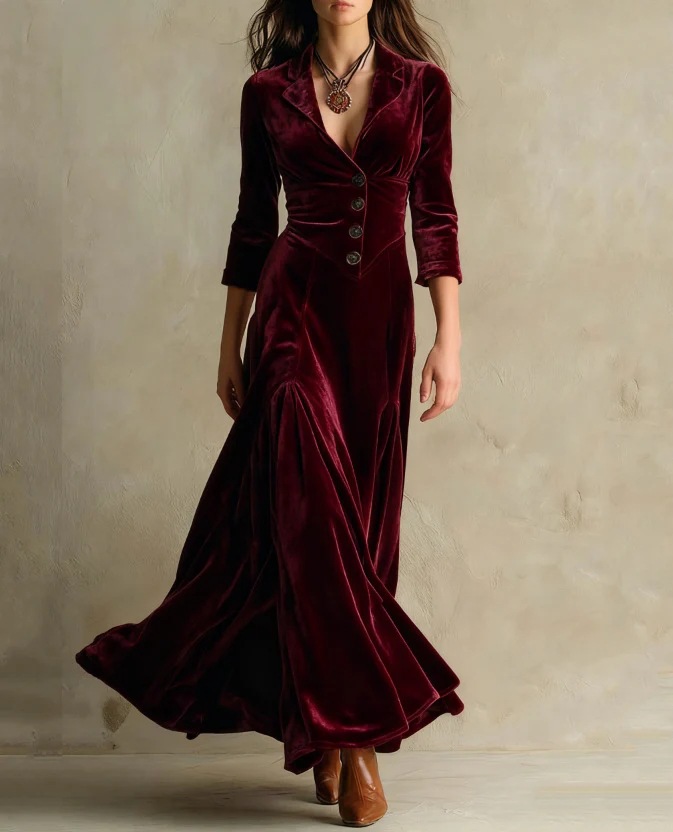 Solid Button Lapel Three-Quarter Sleeve Long Dress with Cinched Waist