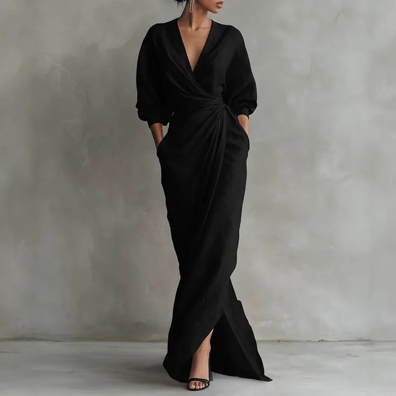Women's Elegant Solid Cross V-Neck Long Sleeve Slim Waist Midi Dress