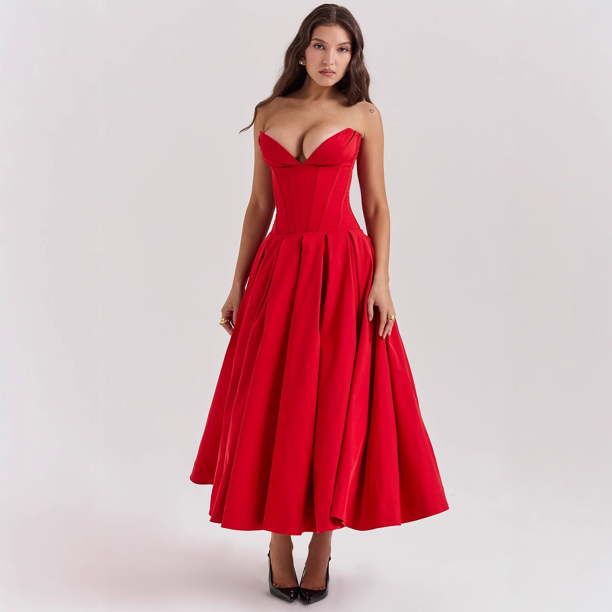 Women's Sleeveless Strapless Midi Dress Solid Color Slim Fit
