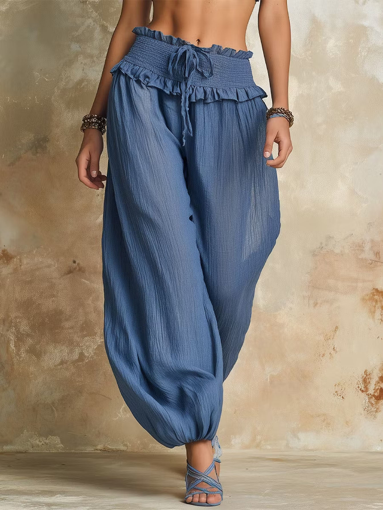 High-Waist Wide-Leg Ruffle Trim Pants for Women, Loose Flowing Floor-Length