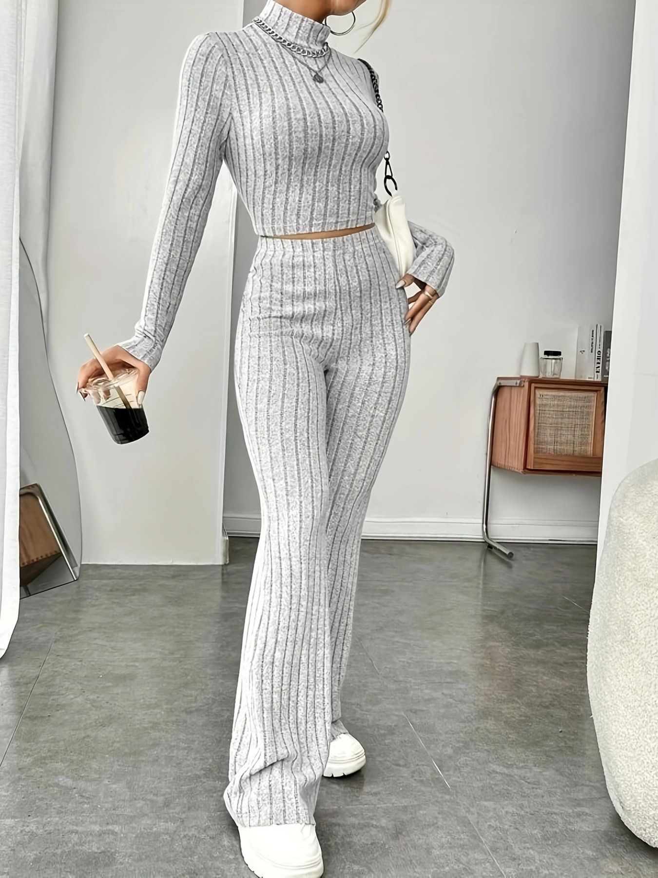 Women's Ribbed Knit Long Sleeve Two-Piece Set