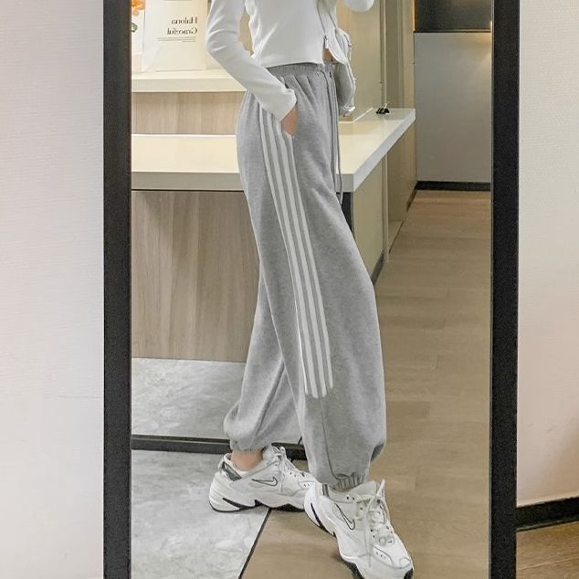 Women's Korean Style Loose Wide-Leg Sweatpants with Four Stripes