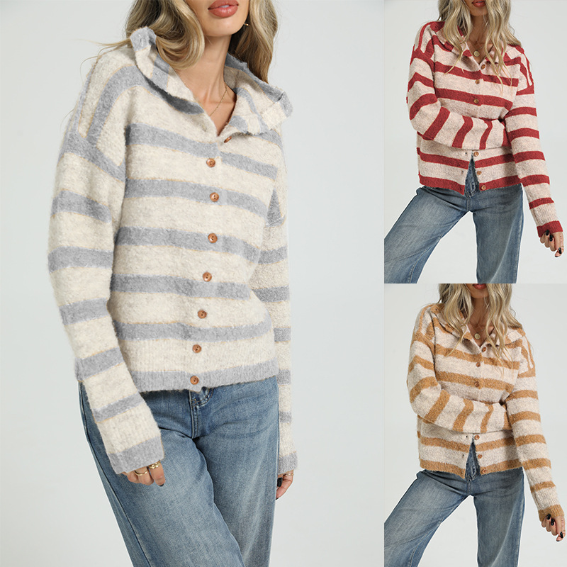 Women's Button-Up Stand Collar Striped Colorblock Knit Cardigan