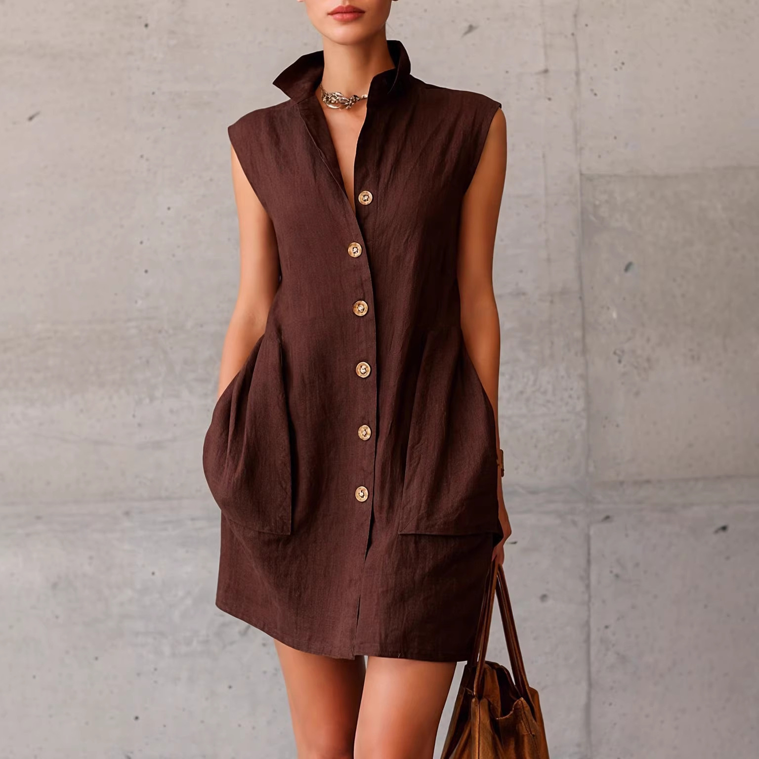 Women's Sleeveless Stand Collar Shirt Dress with Pockets Casual Vacation Short Dress