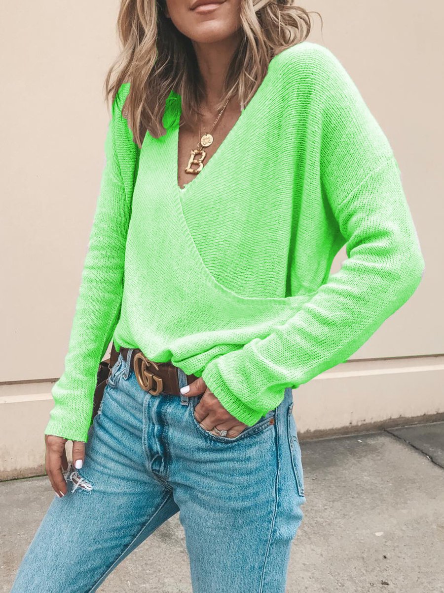 Women's Casual Solid Color Long Sleeve Knit Sweater Top