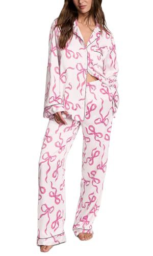 Cuban Collar Bow Ribbon Print Long Sleeve Women's Set