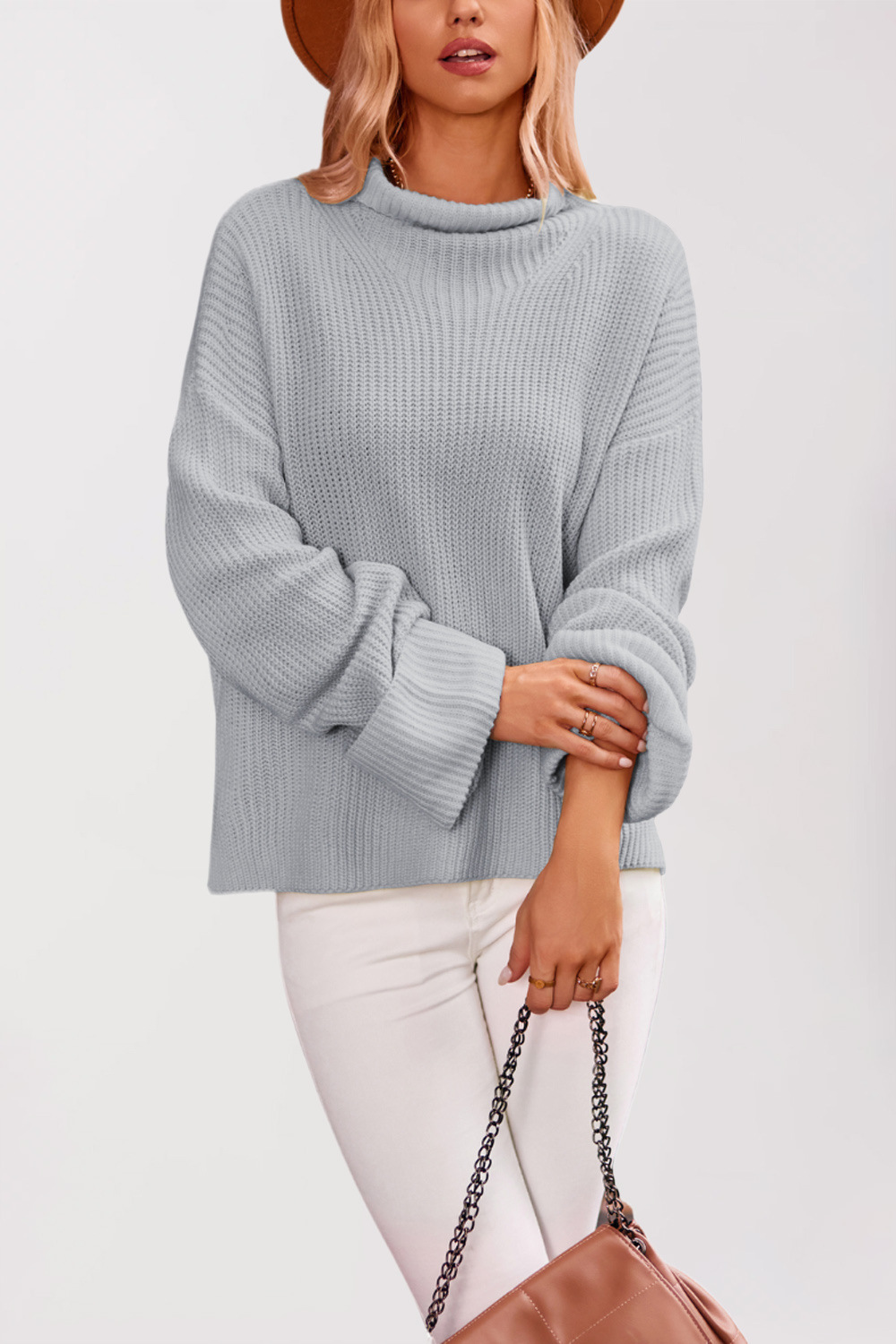 Women's Turtleneck Knit Sweater with Split Hem and Bell Sleeves