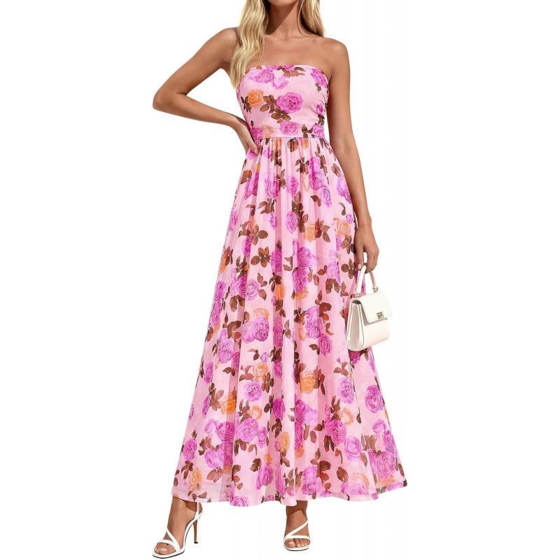 Boho Floral Strapless A-Line Maxi Dress