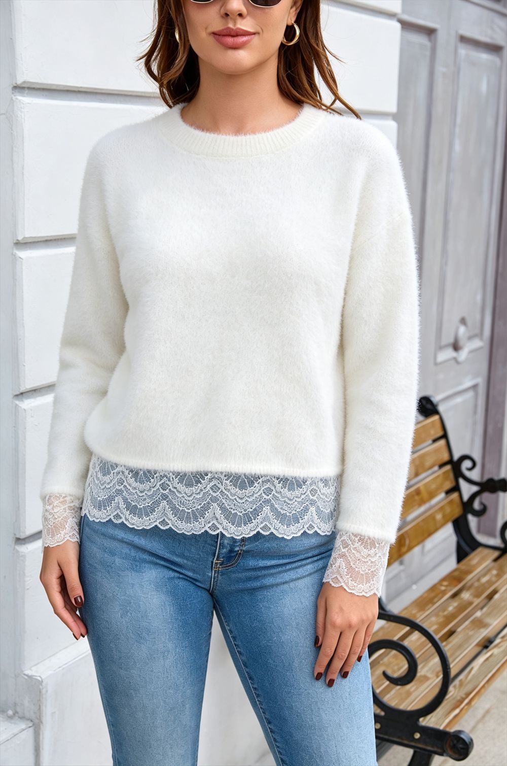 Lace Trim Hem Soft Knit Sweater Solid Color Pullover