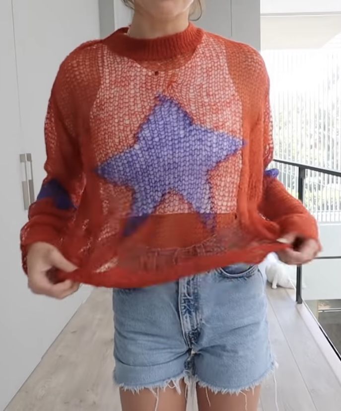 Sexy Sheer Star Knit Sweater Women's Loose Crewneck Long Sleeve Pullover