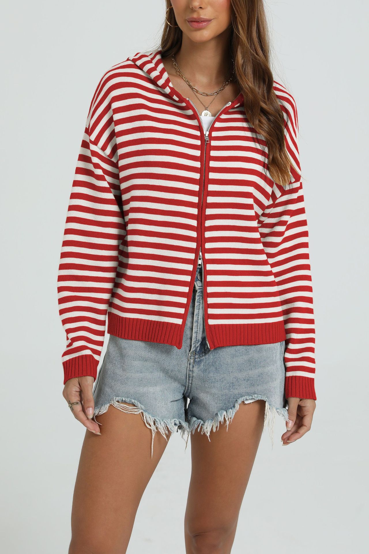 Women's Casual Hooded Striped Colorblock Knit Zip Cardigan