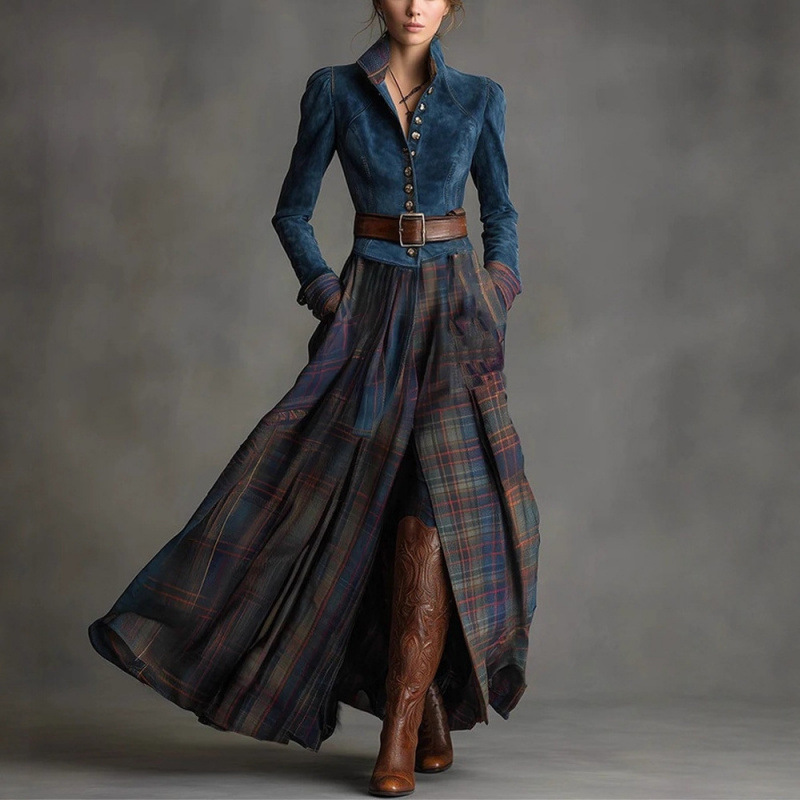 Green Faux Suede Striped Long Sleeve Maxi Dress