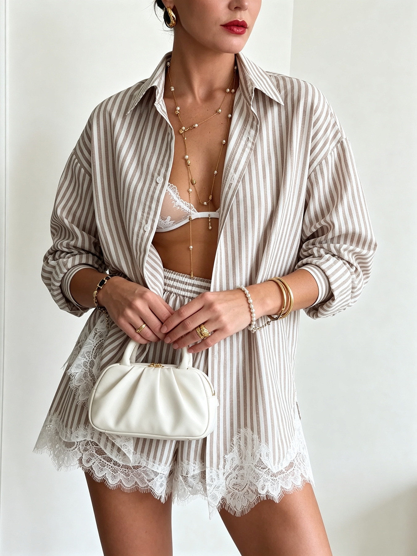 Lace Trim Striped Long Sleeve Shirt and Shorts Set Casual Women's Outfit
