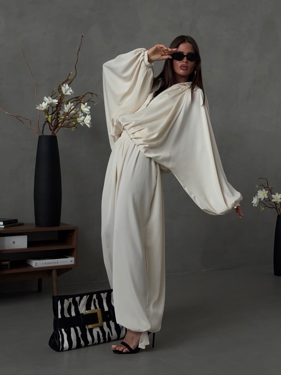 Acetate Satin Two-Piece Set with Collared Zip Top and Drawstring Jogger Pants