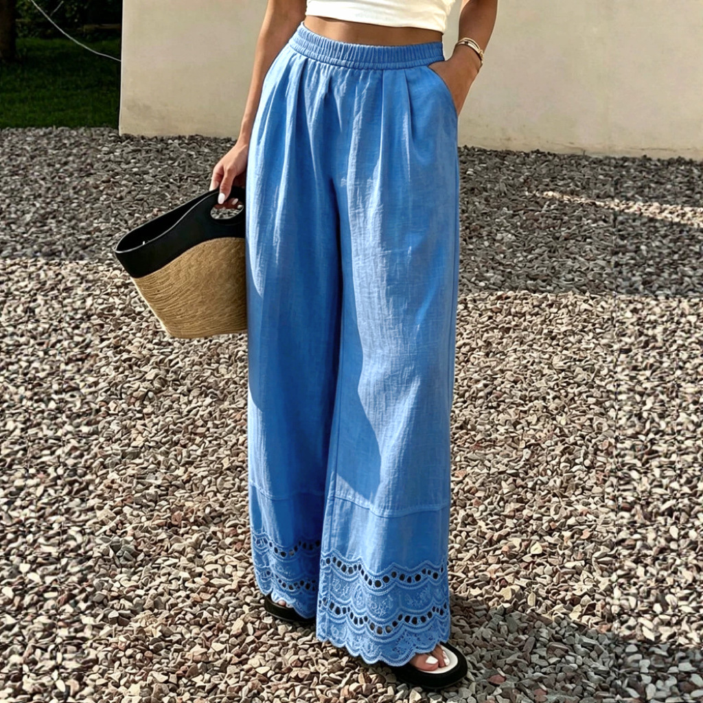 Women's Solid Lace Trim Cotton Linen Wide Leg Pants
