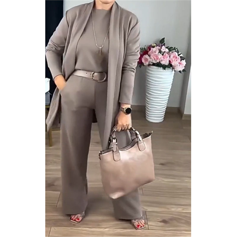Women's 3-Piece Solid Crewneck Long-Sleeve Top Belted Pants Set