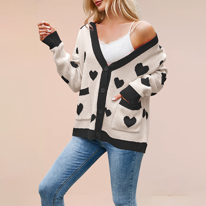 Heart Jacquard V-Neck Cardigan with Pockets
