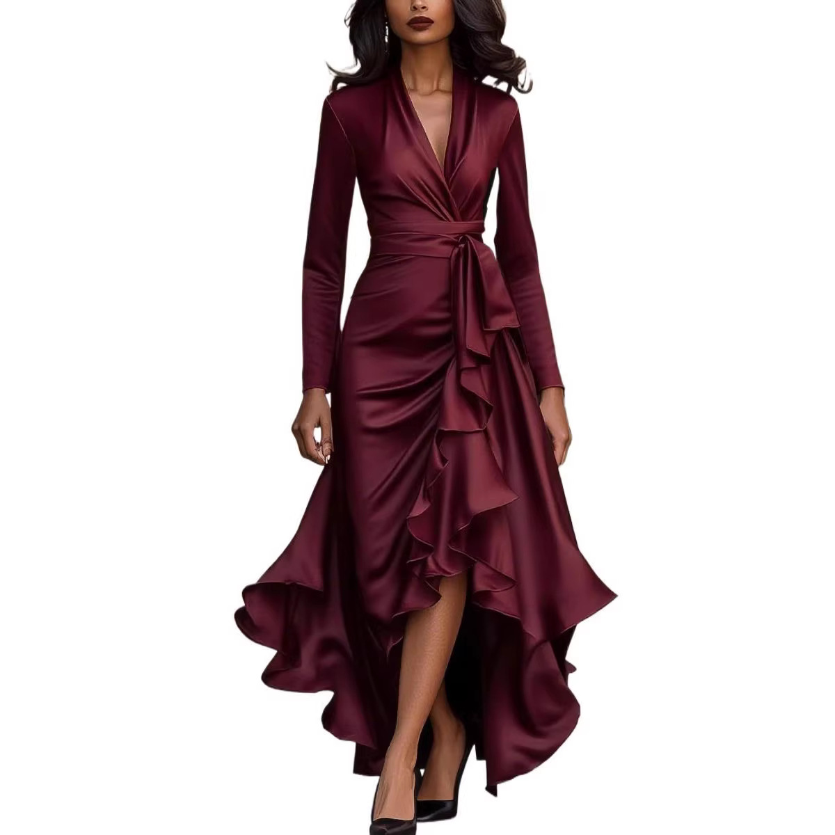 Satin V-Neck Waist-Cinching Ruffle Midi Dress