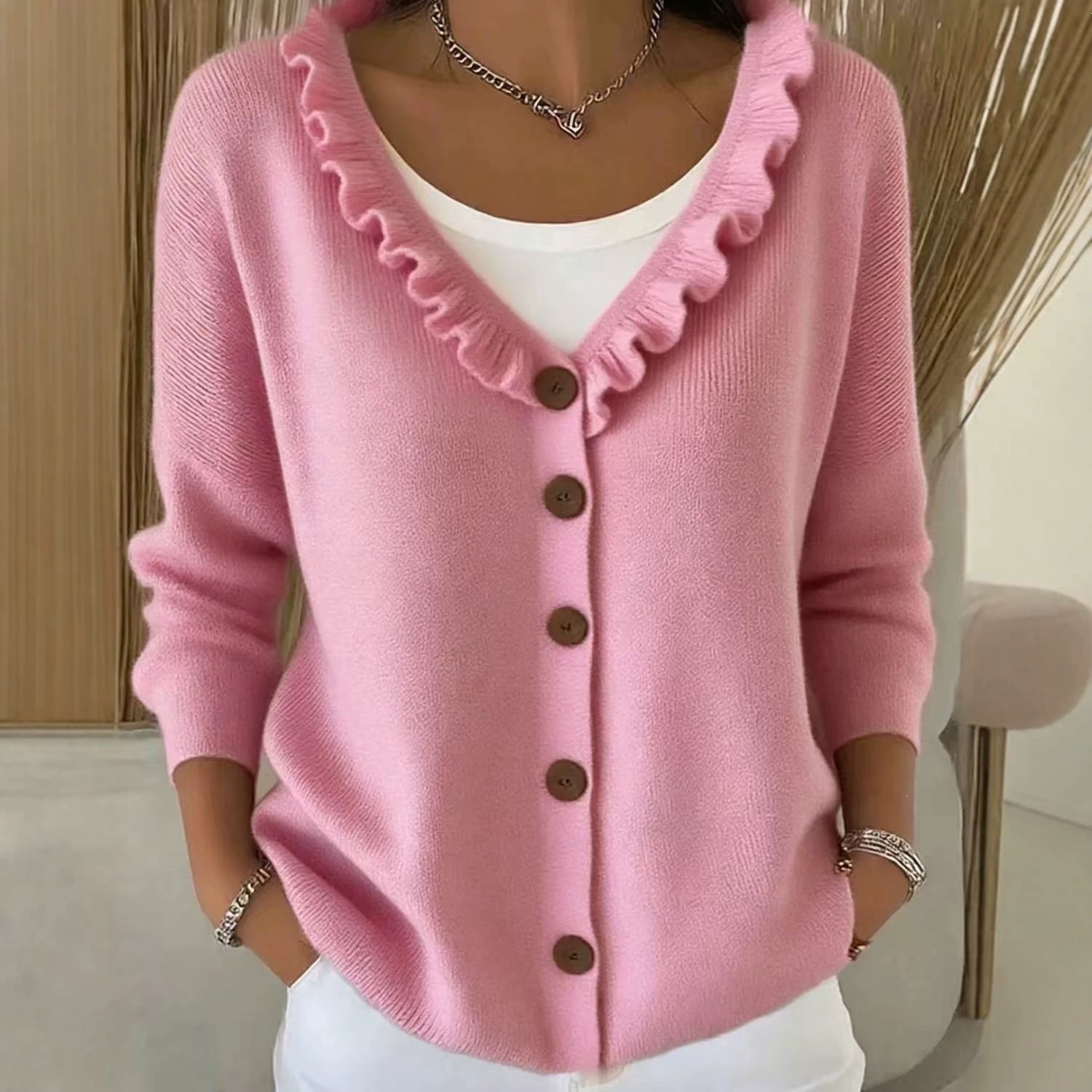 Ruffled Knit Cardigan Single-Breasted Loose Fit Sweater Coat for Women