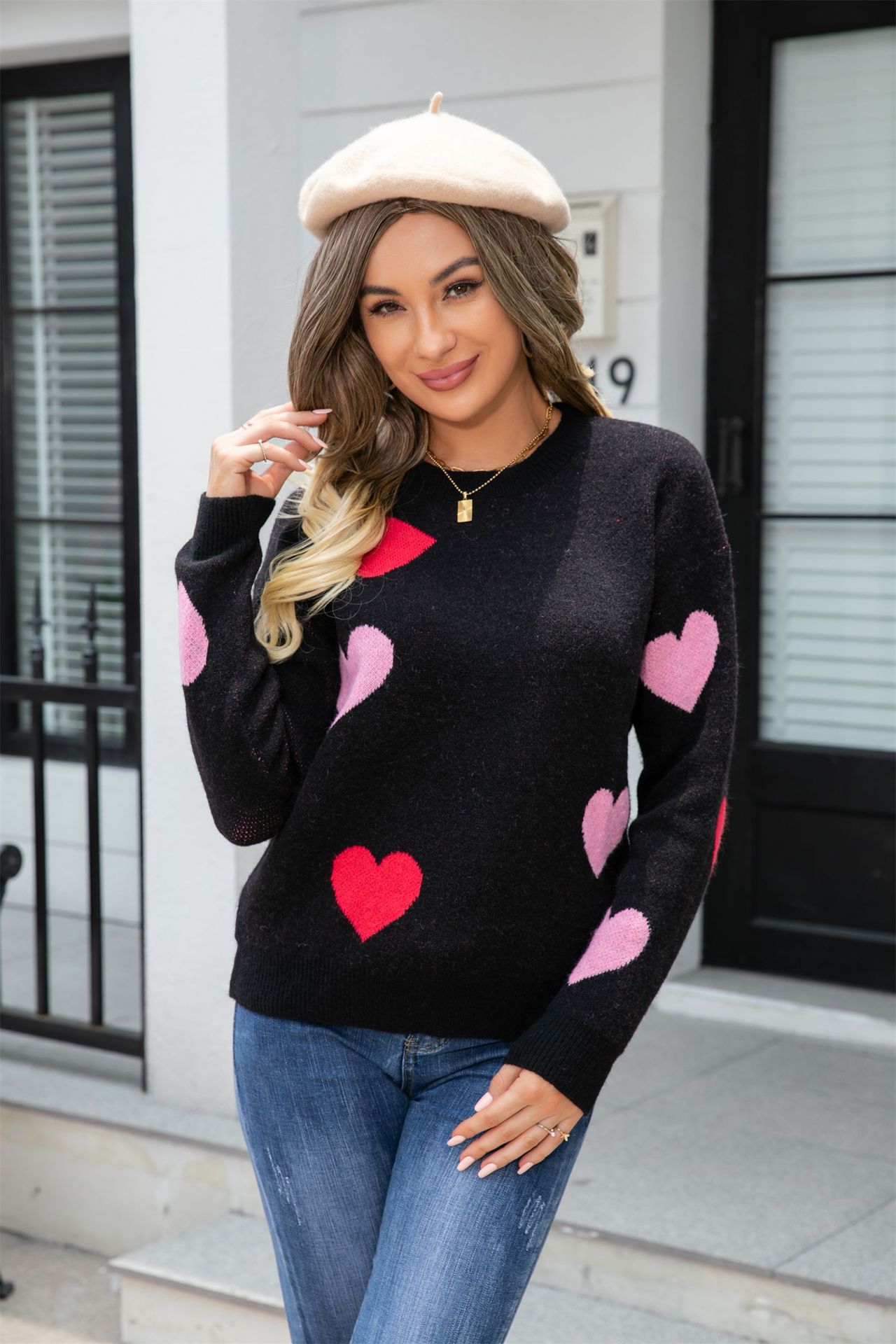 Heart Crewneck Knit Pullover Sweater