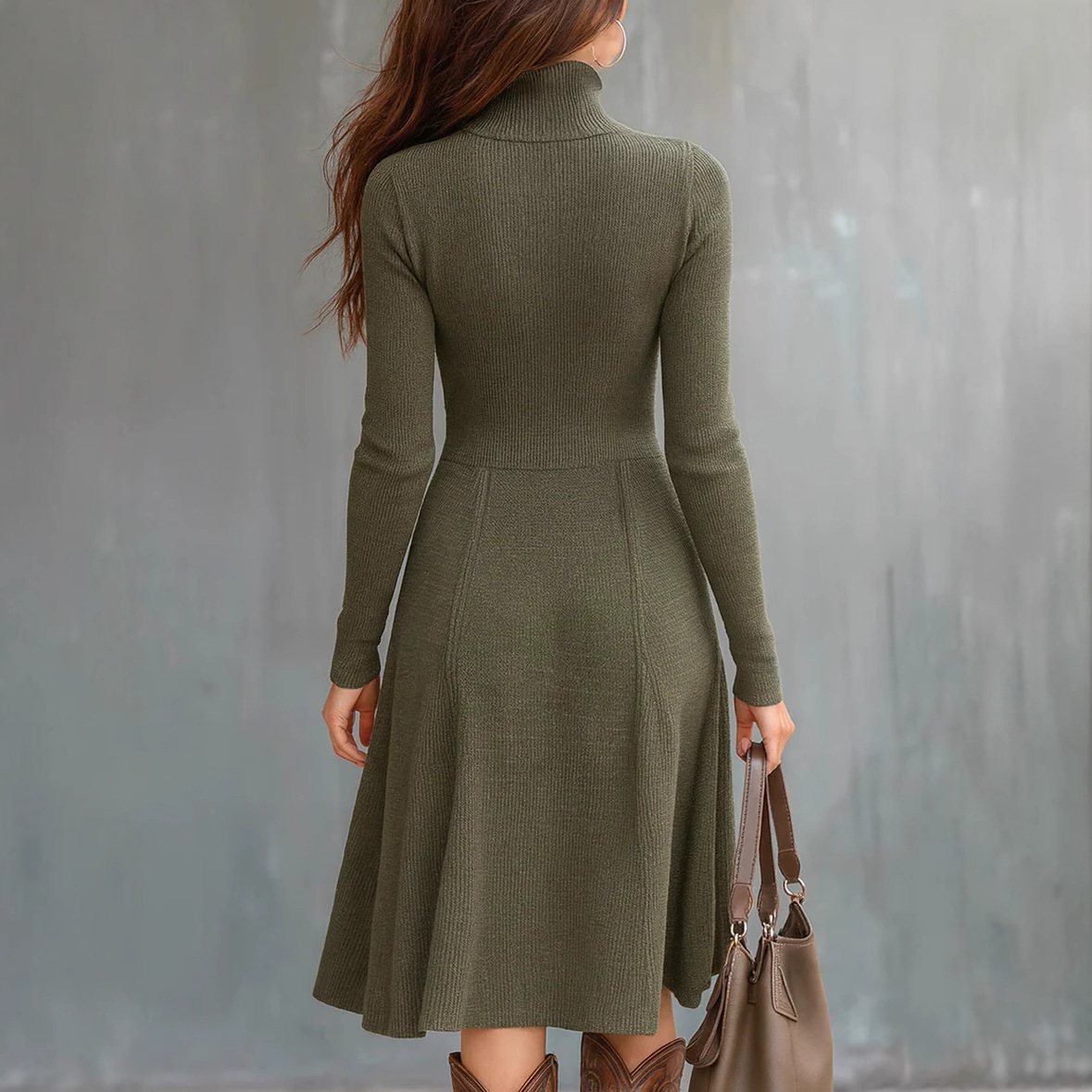 Solid Color Long Sleeve Zip Pocket Waist-Defining A-Line Maxi Dress