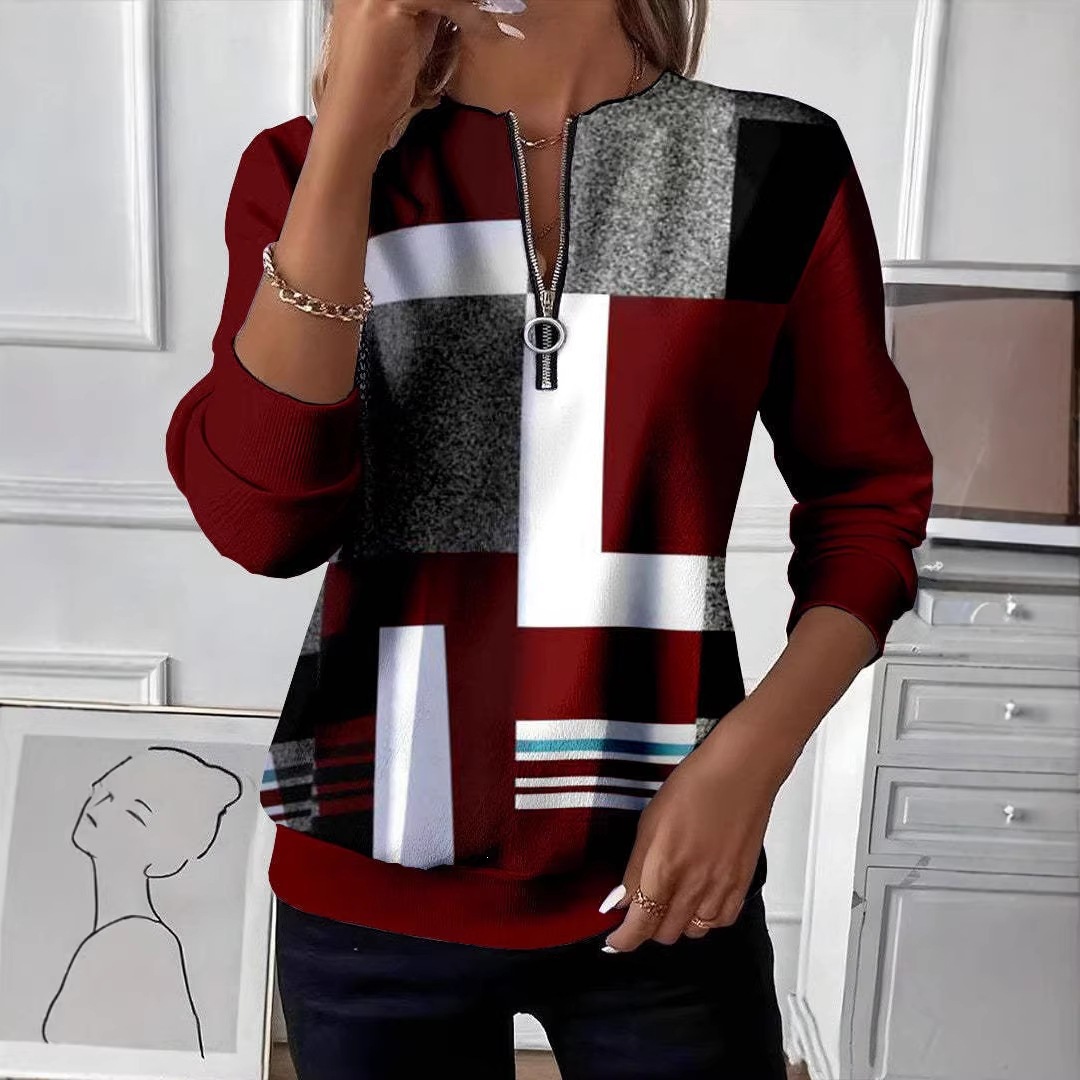 Women's Boho Print Long Sleeve Zip-Up Sweatshirt Casual Top