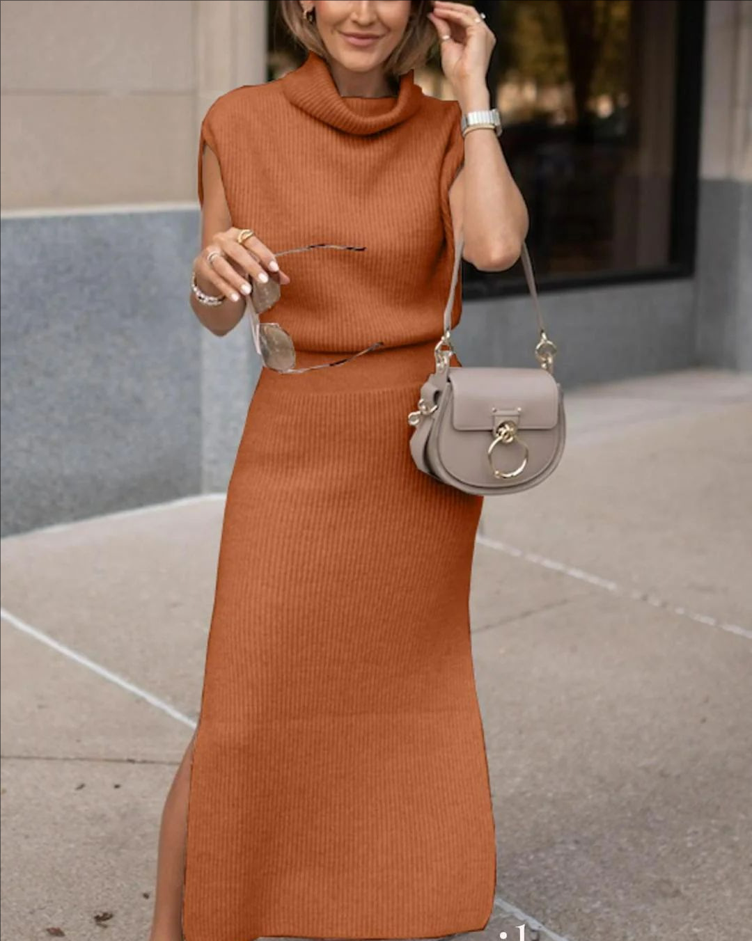 Elegant Cowl Neck Sleeveless Knit Two-Piece Dress Set