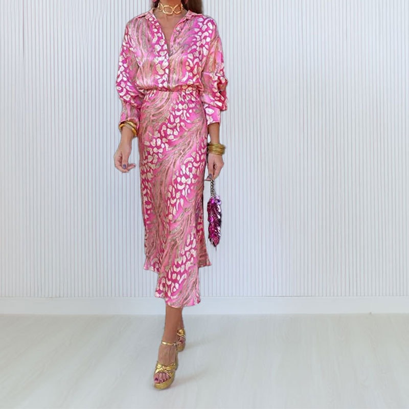 Women's V-Neck Printed Fitted Casual Two-Piece Skirt Set