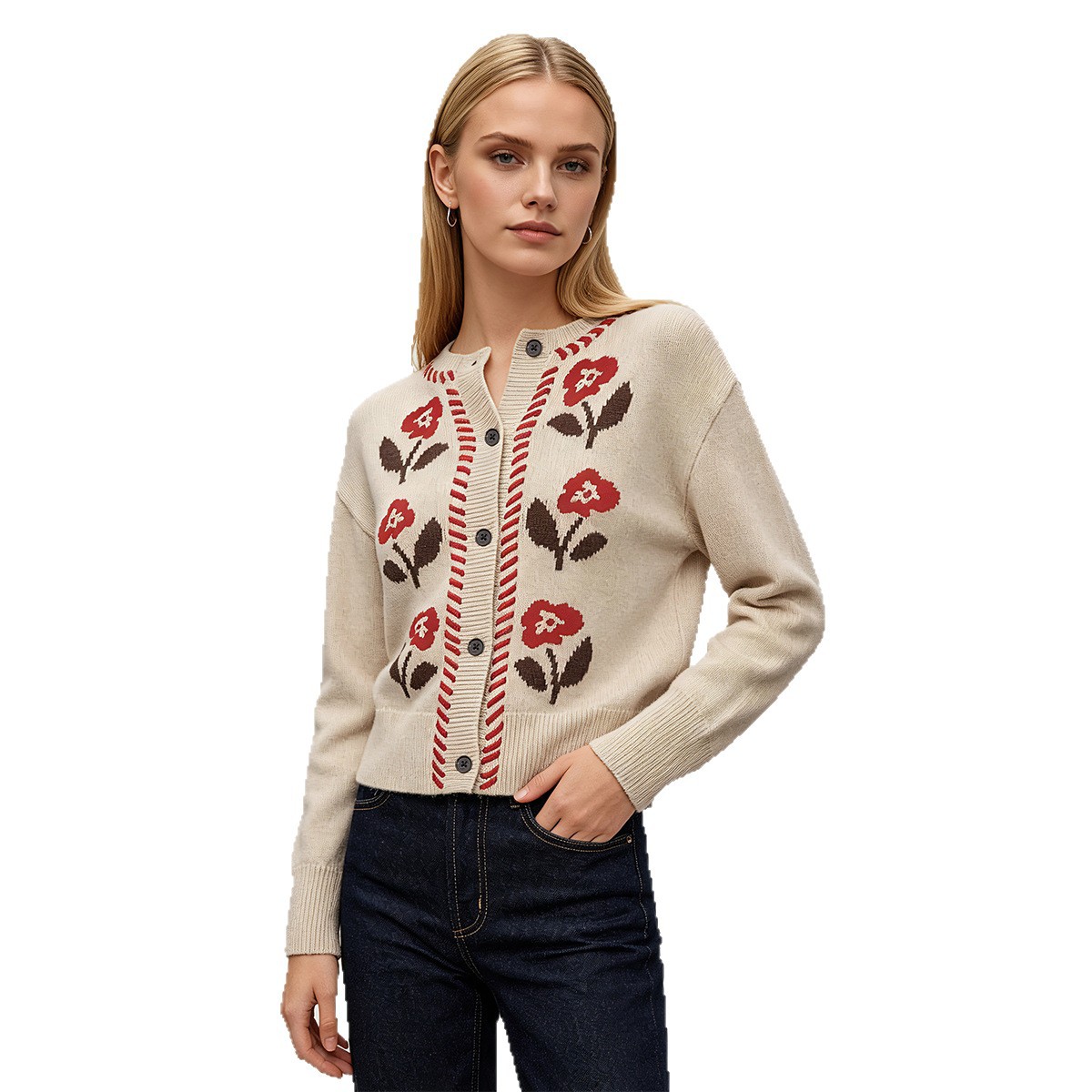 Floral Jacquard Knit Cardigan Women Round Neck Button Long Sleeve