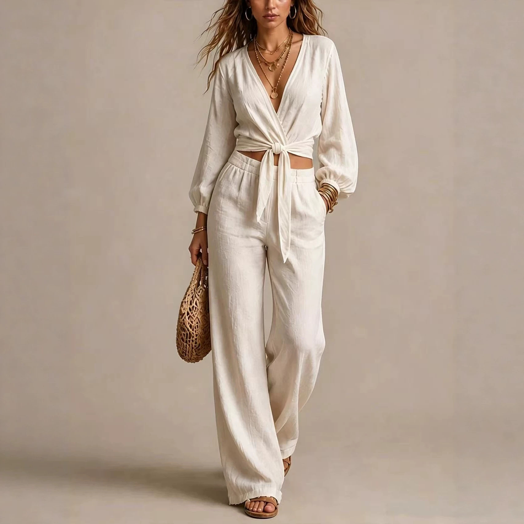 Women's V-Neck Tie-Waist Casual Pant Set