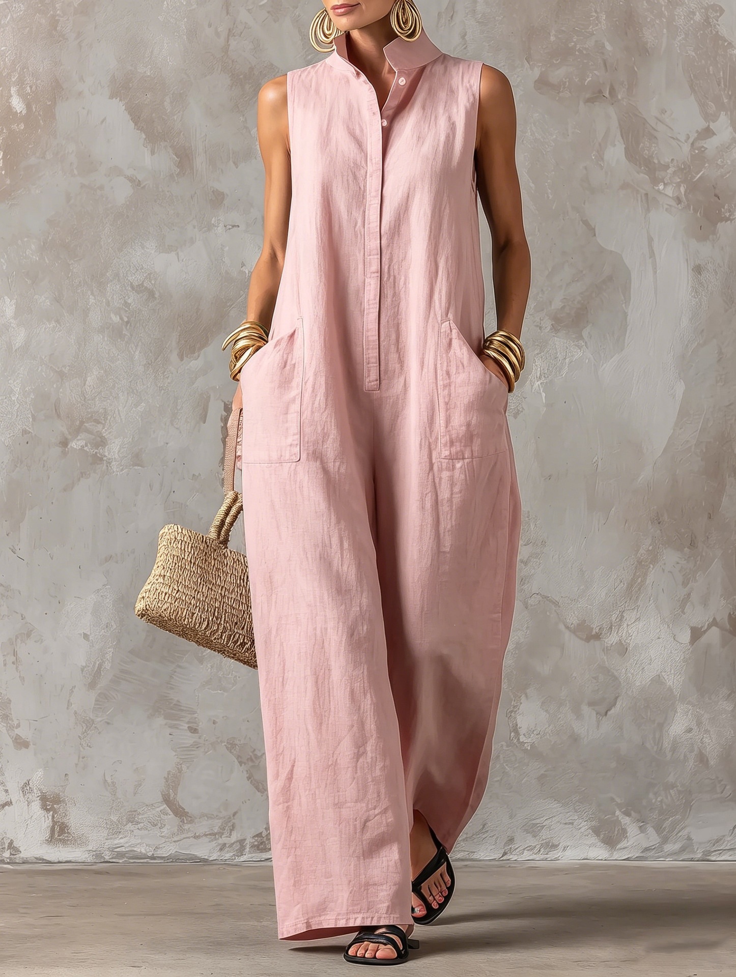 Women's Sleeveless Linen-Blend Jumpsuit with Stand Collar, Button Front, Wide Leg