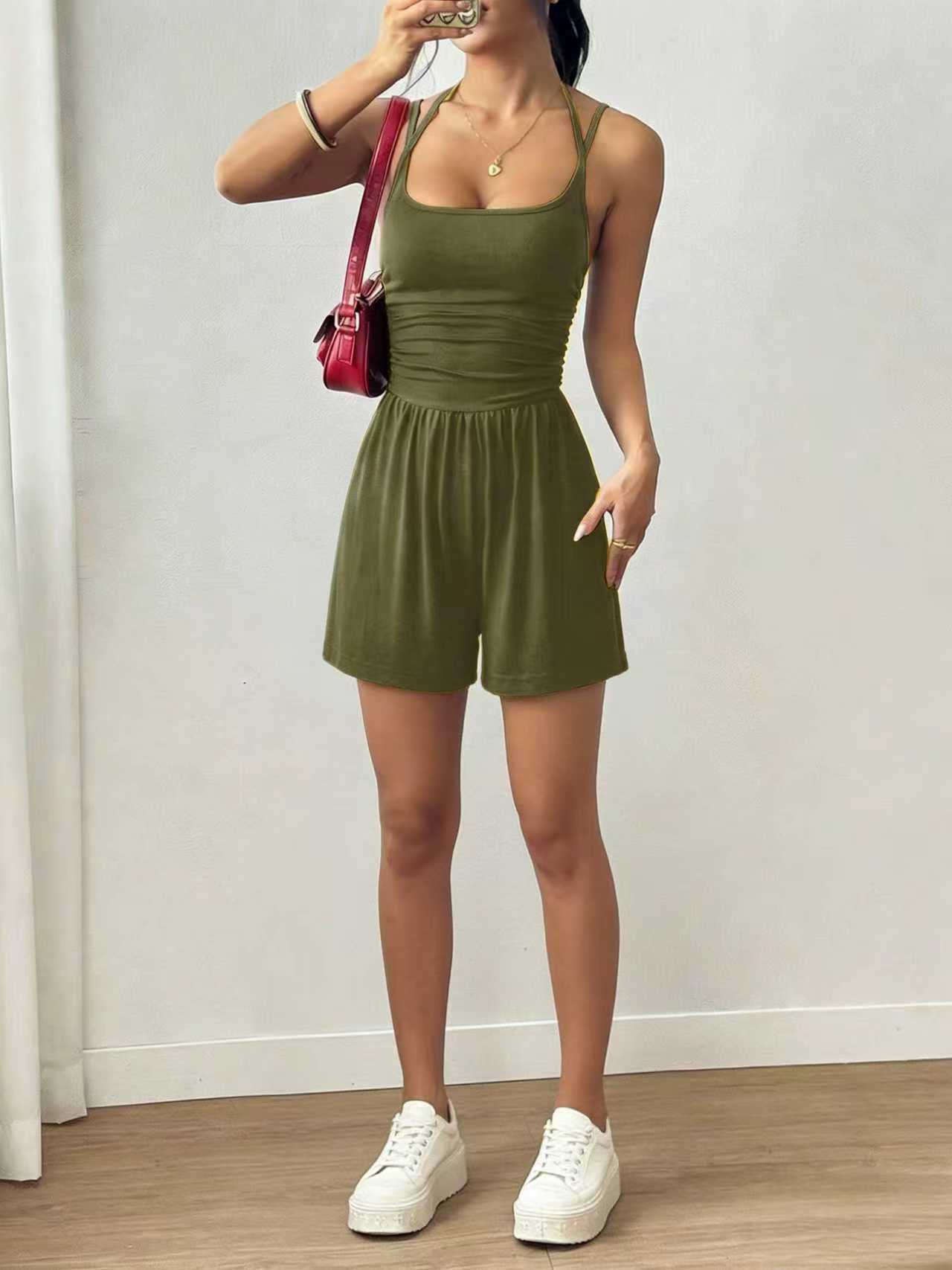 Women's Sleeveless Cami Romper Wide-Leg Shorts Solid Casual