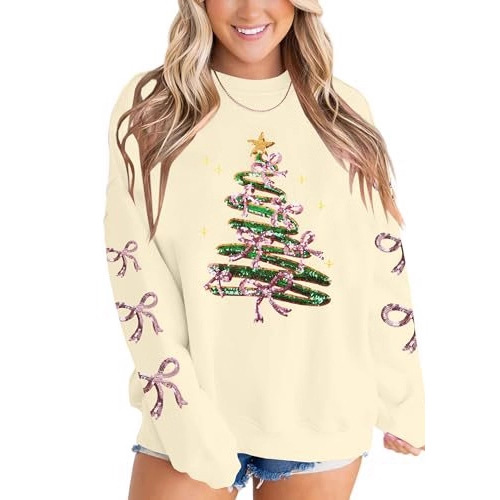 Women's Ribbon Bow Christmas Tree Print Crewneck Sweatshirt