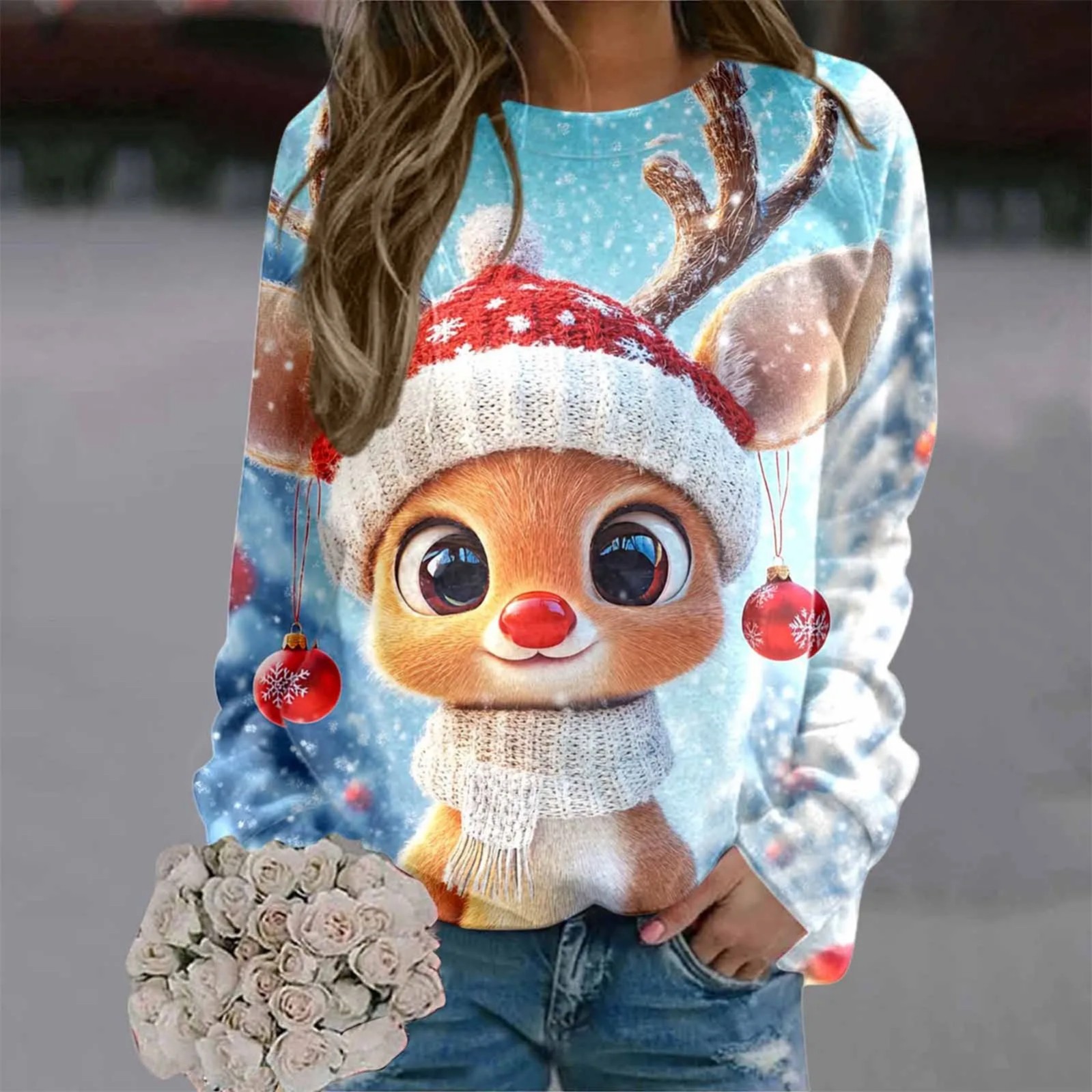 Women's Cartoon Winter Animal Print Crewneck Sweatshirt