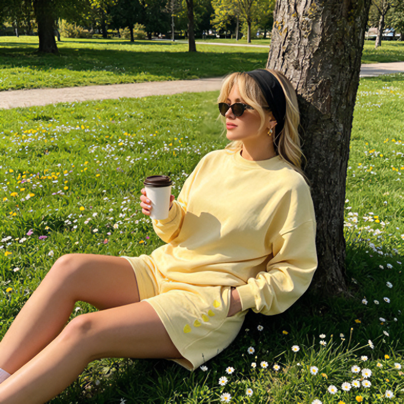 Women's Loose Crewneck Long Sleeve Sweatshirt and Shorts Set