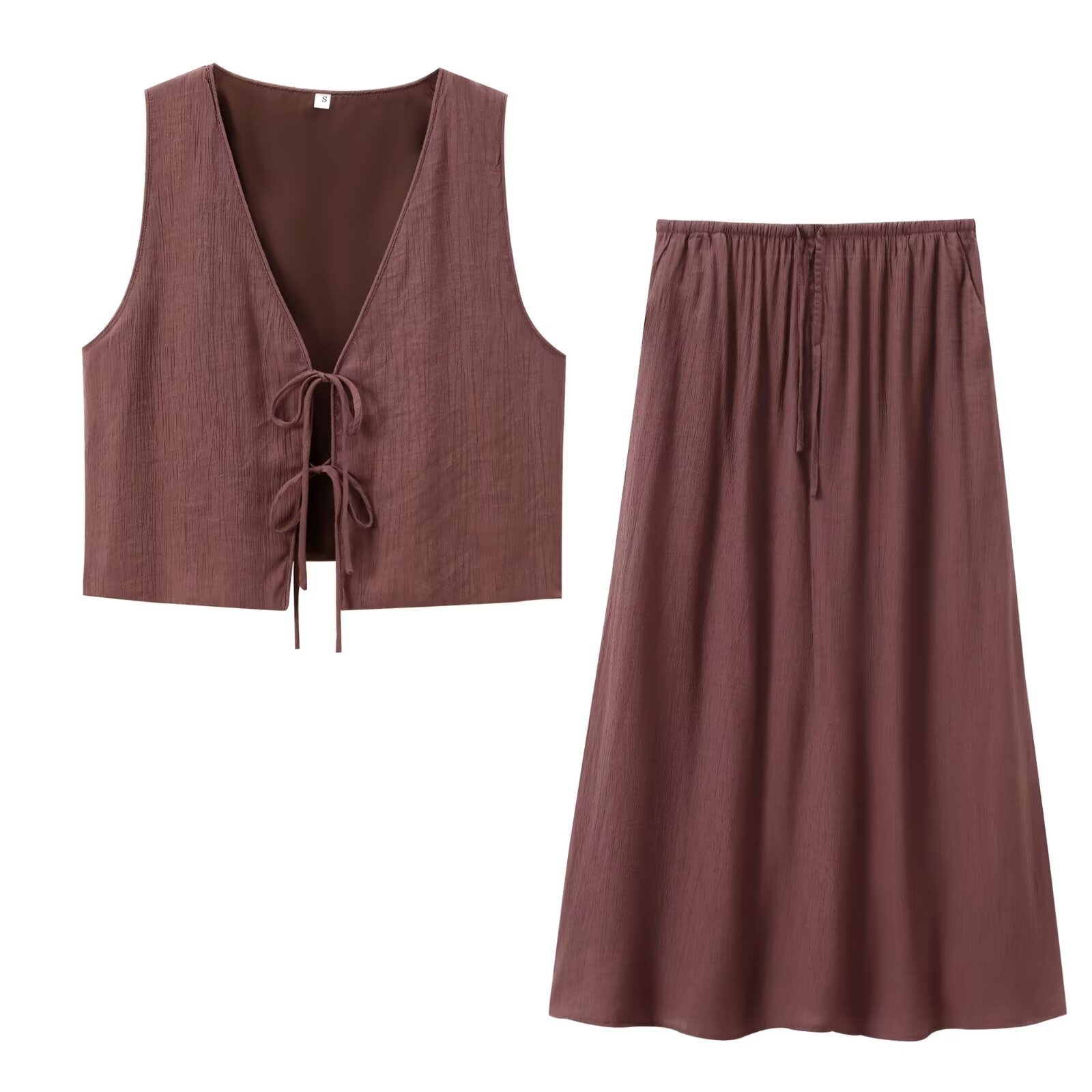 Women's Bow Textured Vest and Skirt Set Sleeveless Cotton Linen