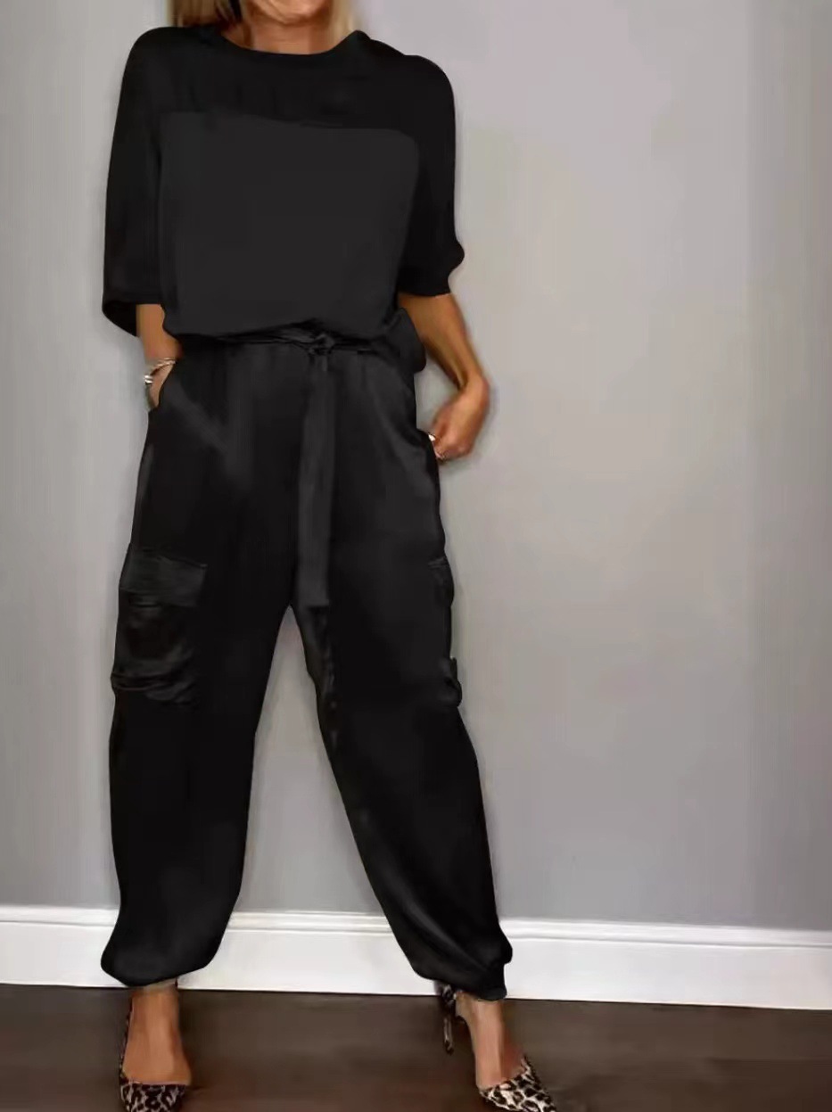 Women's Satin Half-Sleeve Top and Pants Two-Piece Set