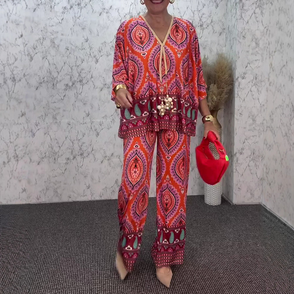 Women's Floral Print V-Neck Long Sleeve Top and Pants Two-Piece Set